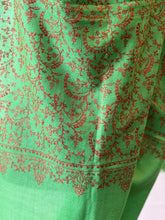 Load image into Gallery viewer, Jali Embroidered Pure Pashmina (100% Cashmere) - Extra Large Hand Woven and embroidered Kashmiri Shawl, all over embroidery, green shawl