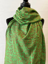 Load image into Gallery viewer, Jali Embroidered Pure Pashmina (100% Cashmere) - Extra Large Hand Woven and embroidered Kashmiri Shawl, all over embroidery, green shawl