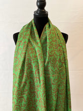 Load image into Gallery viewer, Jali Embroidered Pure Pashmina (100% Cashmere) - Extra Large Hand Woven and embroidered Kashmiri Shawl, all over embroidery, green shawl