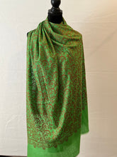 Load image into Gallery viewer, Jali Embroidered Pure Pashmina (100% Cashmere) - Extra Large Hand Woven and embroidered Kashmiri Shawl, all over embroidery, green shawl