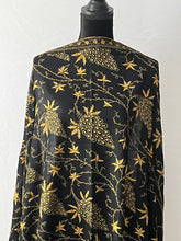 Load image into Gallery viewer, Jali Embroidered Pure Pashmina (100% Cashmere) - Extra Large Hand Woven and embroidered Kashmiri Shawl, all over embroidery, black shawl