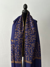 Load image into Gallery viewer, Jali Embroidered Pashmina (100% Fine Wool) - Sozni Extra Large and embroidered Kashmiri Shawl, all over embroidery, blue shawl