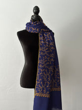 Load image into Gallery viewer, Jali Embroidered Pashmina (100% Fine Wool) - Sozni Extra Large and embroidered Kashmiri Shawl, all over embroidery, blue shawl