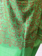 Load image into Gallery viewer, Jali Embroidered Pure Pashmina (100% Cashmere) - Extra Large Hand Woven and embroidered Kashmiri Shawl, all over embroidery, green shawl
