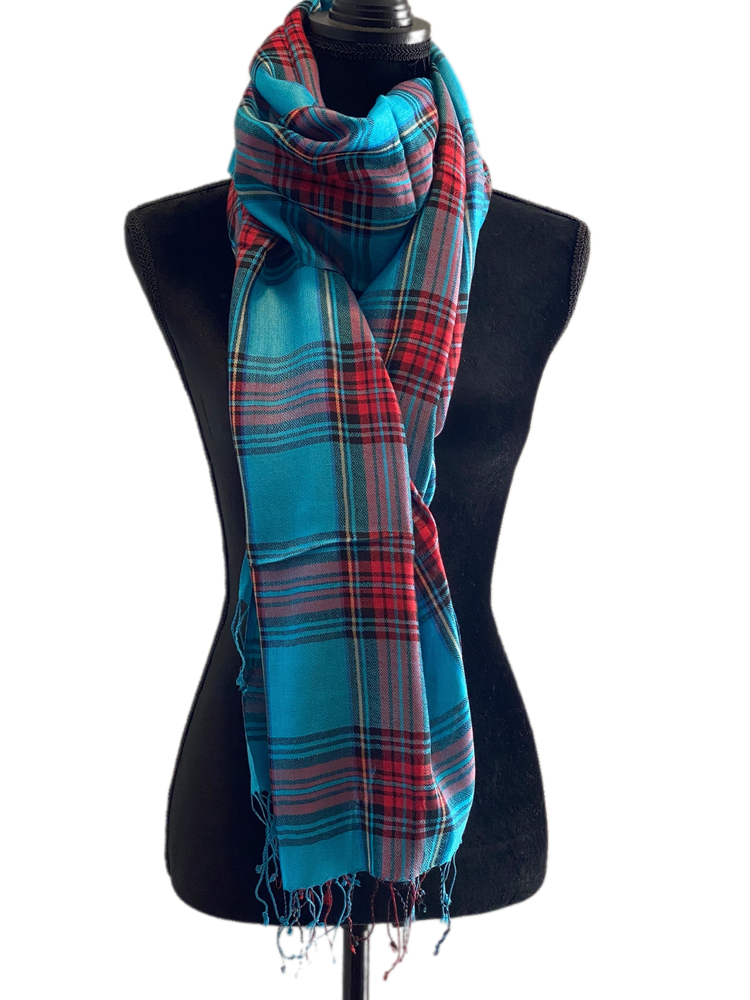 Plaid Blue/Red - 100% Wool Pashmina Wrap, Scarf, Stole, Shawl for Women