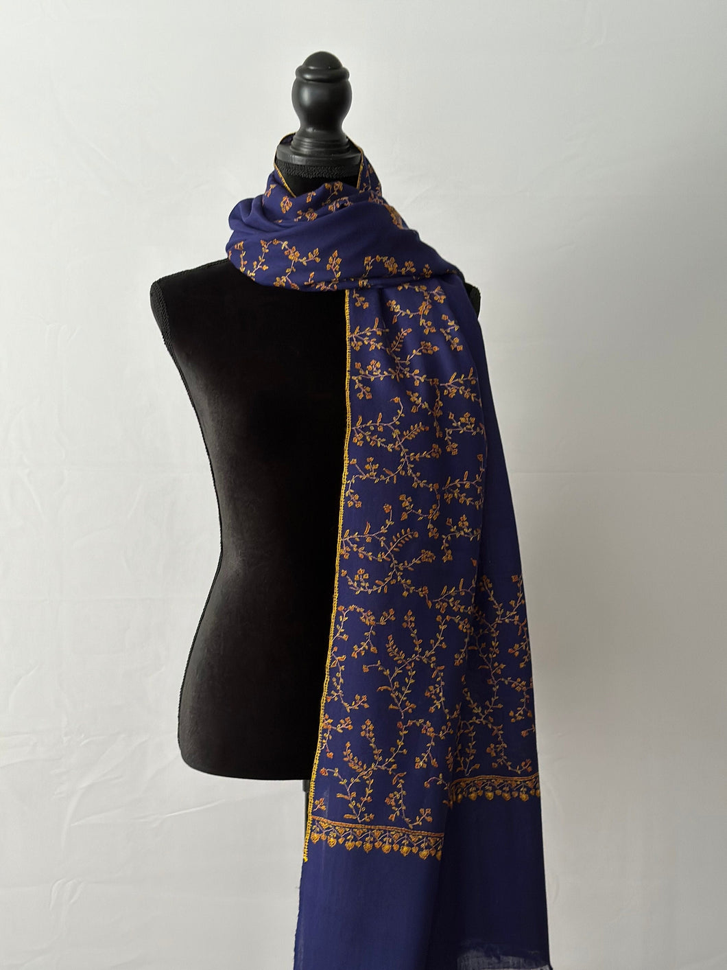 Jali Embroidered Pashmina (100% Fine Wool) - Sozni Extra Large and embroidered Kashmiri Shawl, all over embroidery, blue shawl