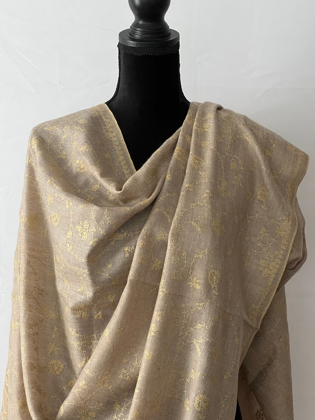 Jali Embroidered Pure Pashmina (100% Cashmere) - Extra Large Hand Woven and embroidered Kashmiri Shawl, all over embroidery